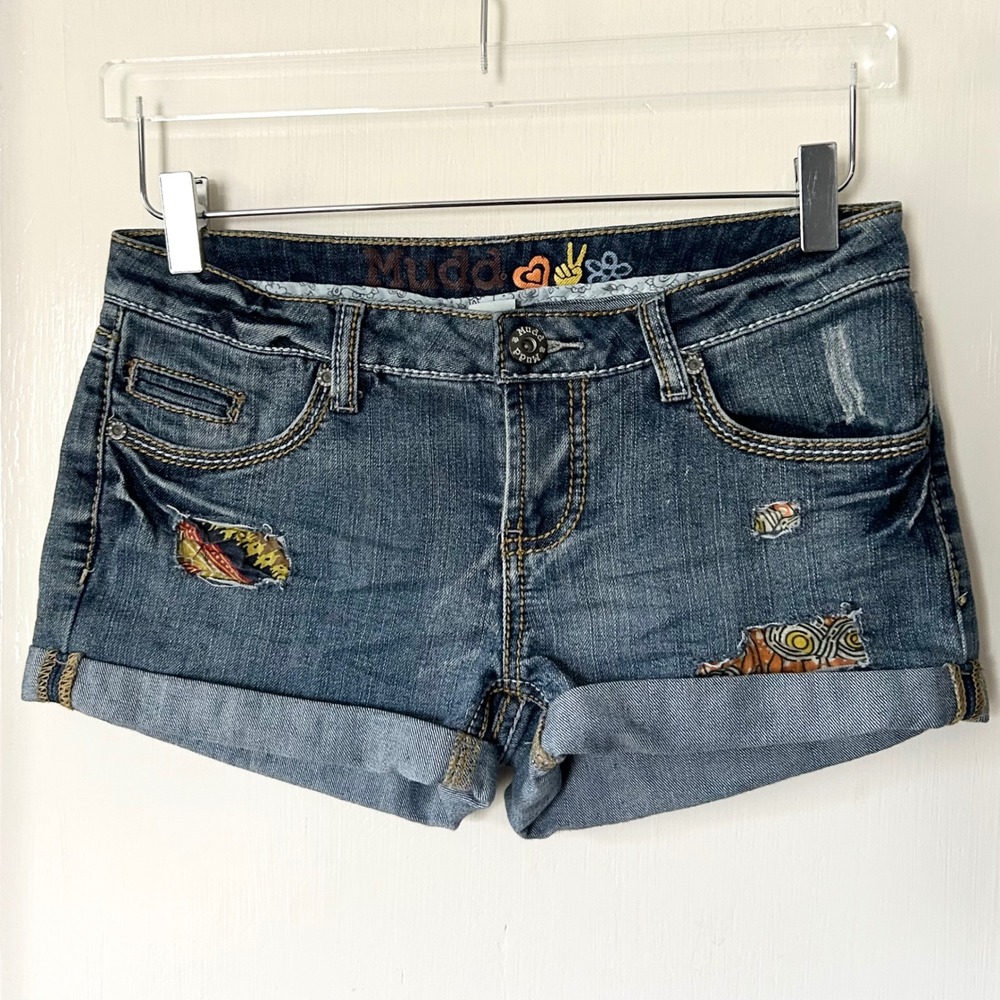 Mudd Y2K Low Rise Micro Denim Short Cuffed Distressed Juniors 5 Boho Print Bratz